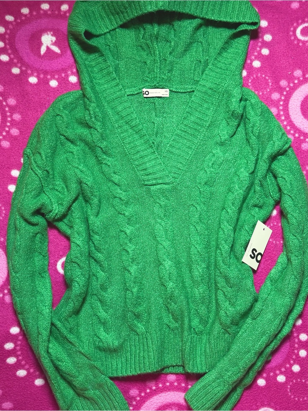 NWT SO Green Hooded Cable Knit Sweater Size XS
